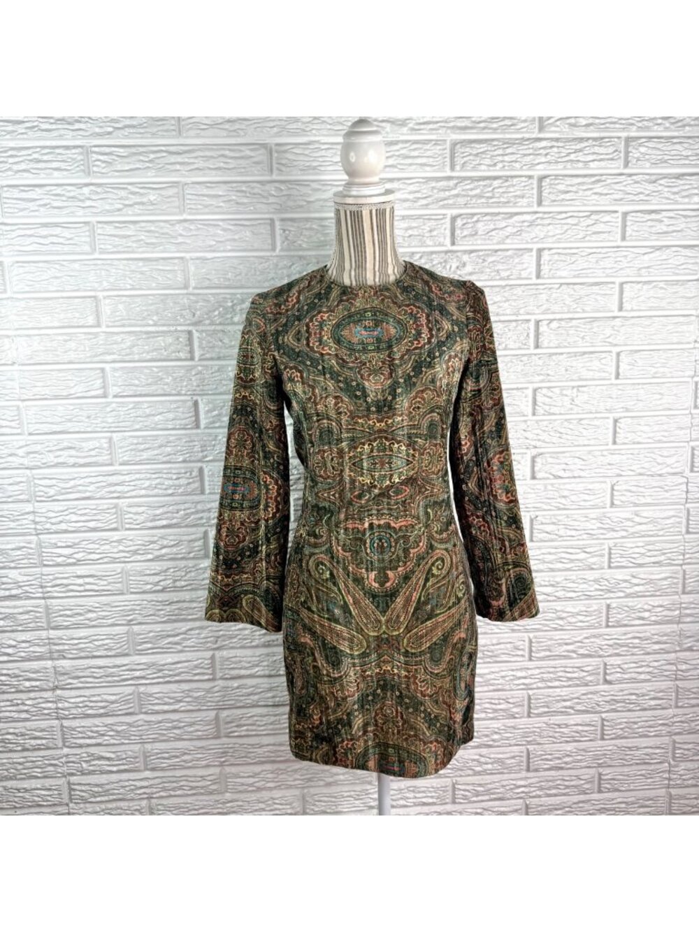 Zara Retro Boho Paisley Velvet Sheath Mini Dress Earth Tones Size Extra Small